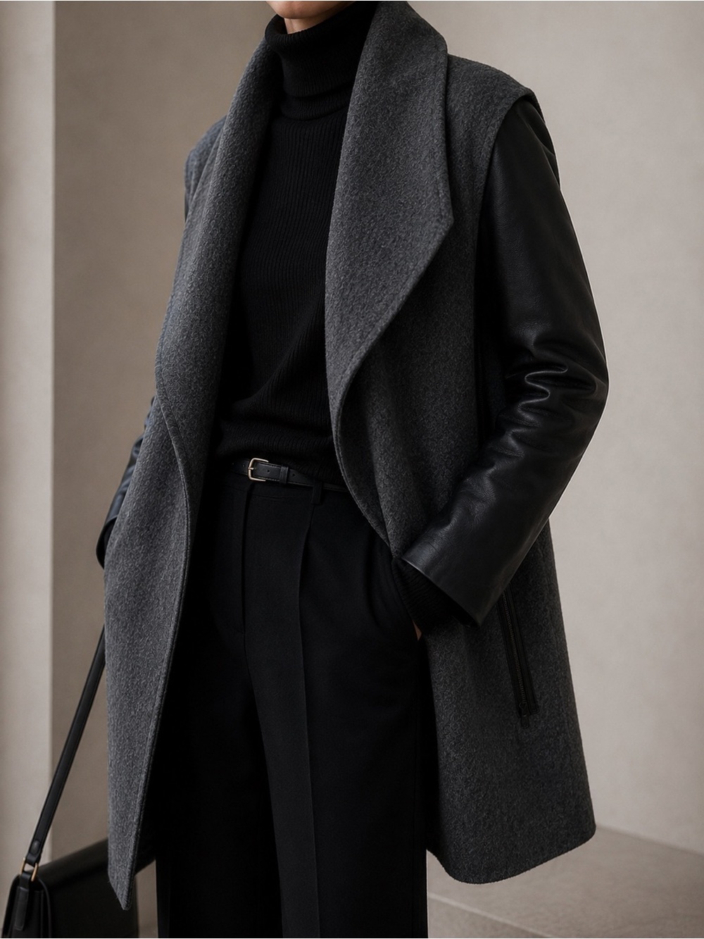 Vince - Charcoal Wool Coat with Black Leather Sleeves
